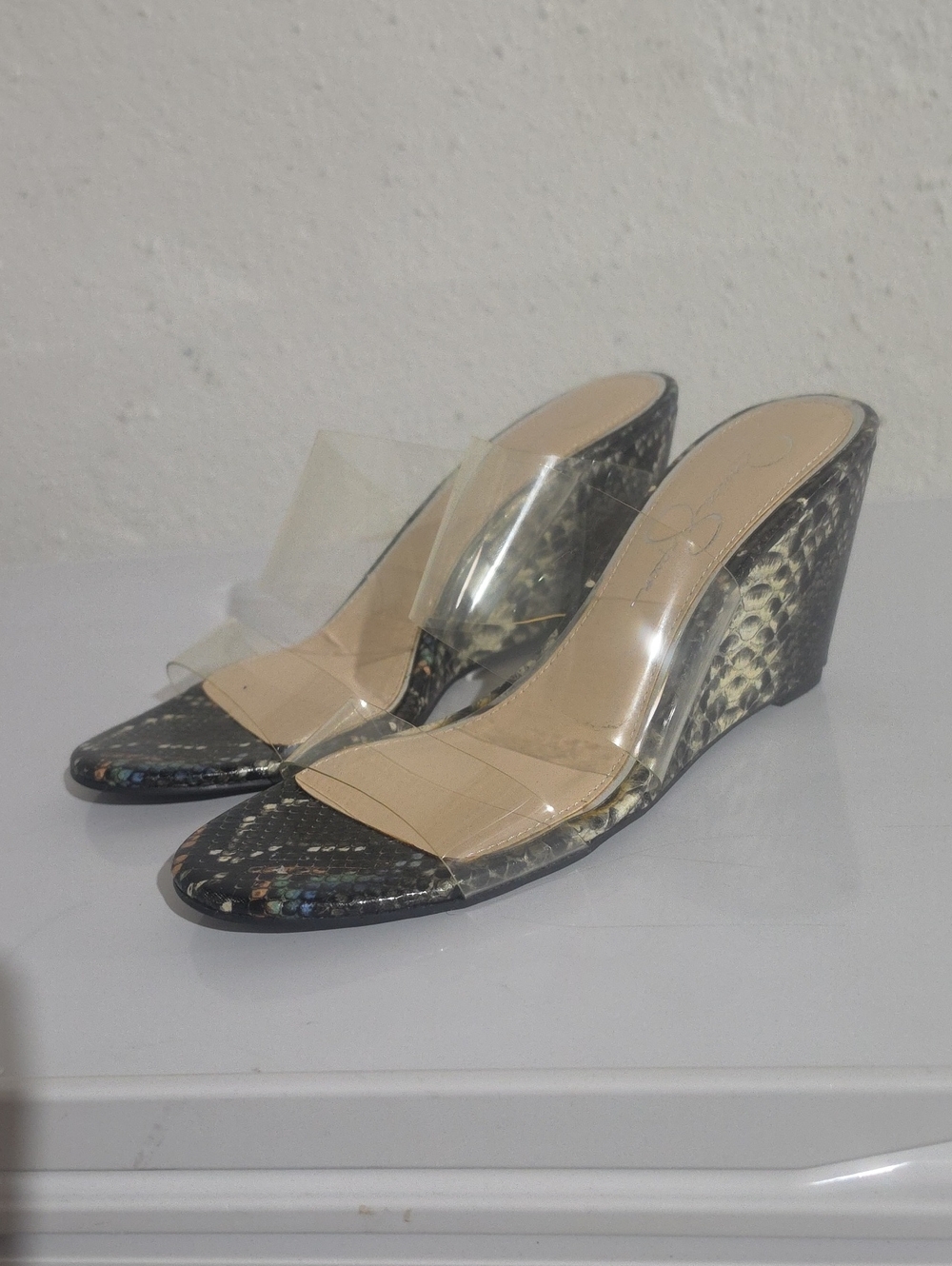 Jessica Simpson Clear Strap Snake-Print Wedge Sandals - Black/Beige